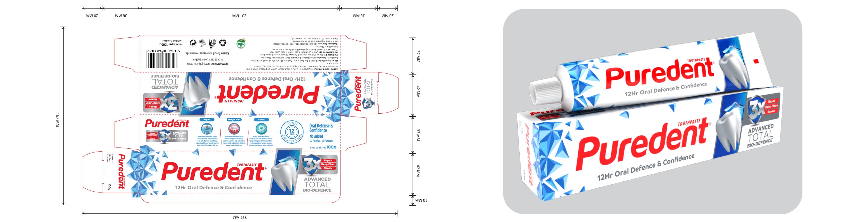 Puredent Advanced Total Bio-Defence — Dieline & Render